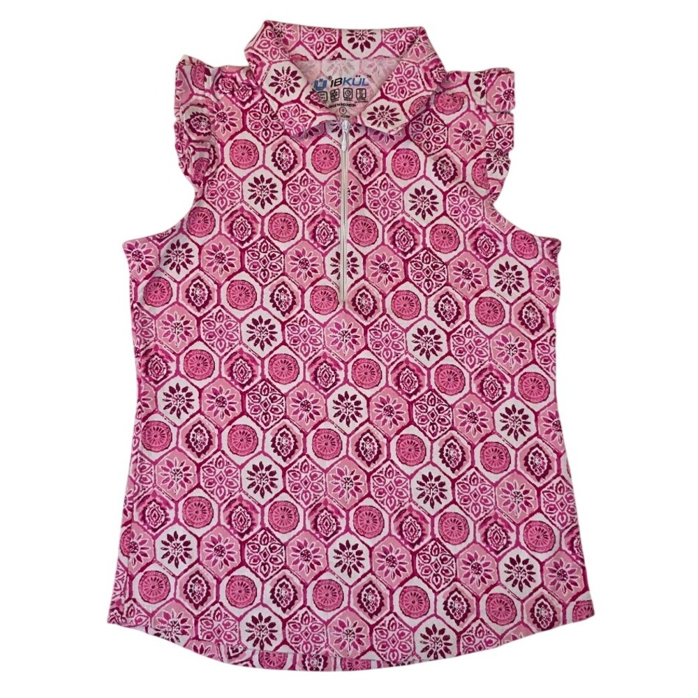 IBKUL Women's Small Sleeveless Polo Pink Geo Floral Ruffle 1/4‎ Zip UPF 50+ Top